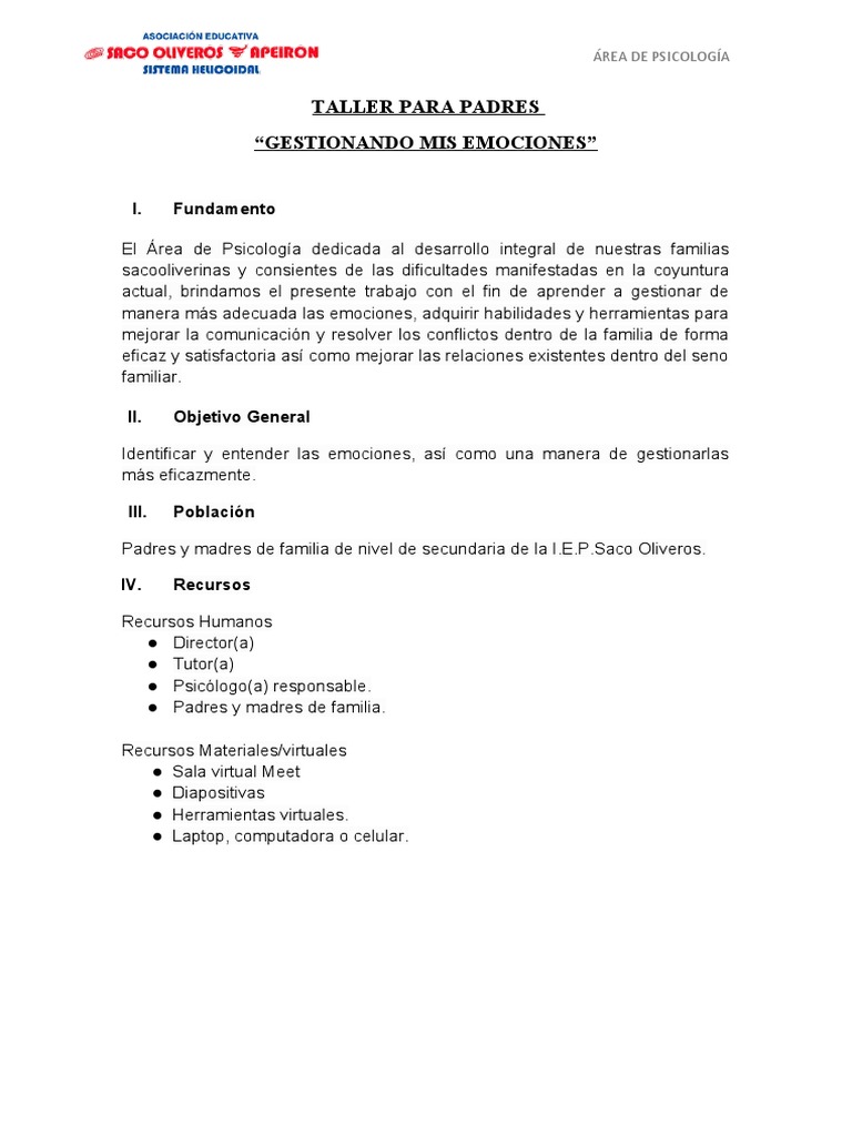 Verano Taller para Padres - Gestión de Emociones | PDF | Las emociones ...