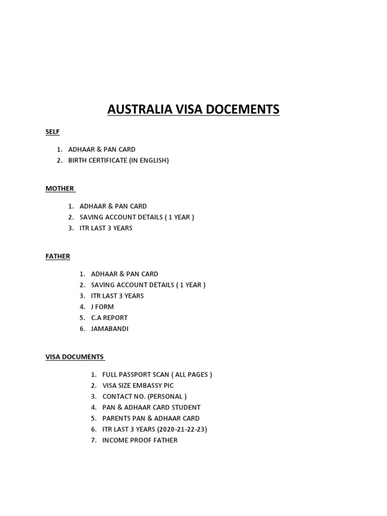 Australia Visa Document Checklist | PDF