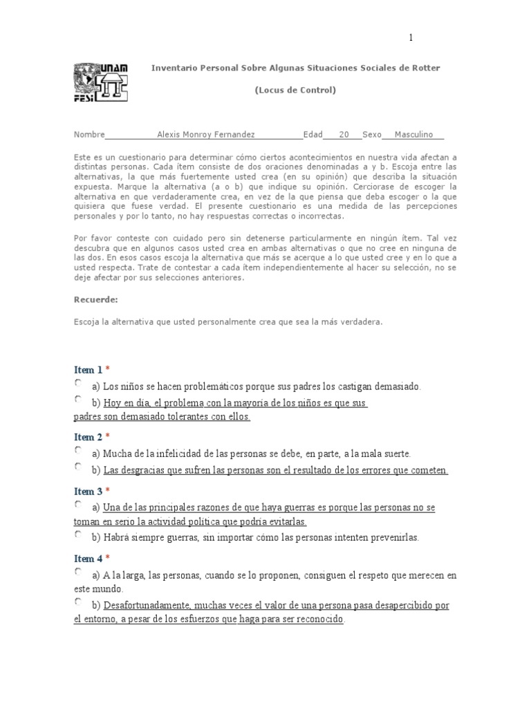 Escala de Locus de Control de ROTTER | PDF | Suerte | Cuestionario