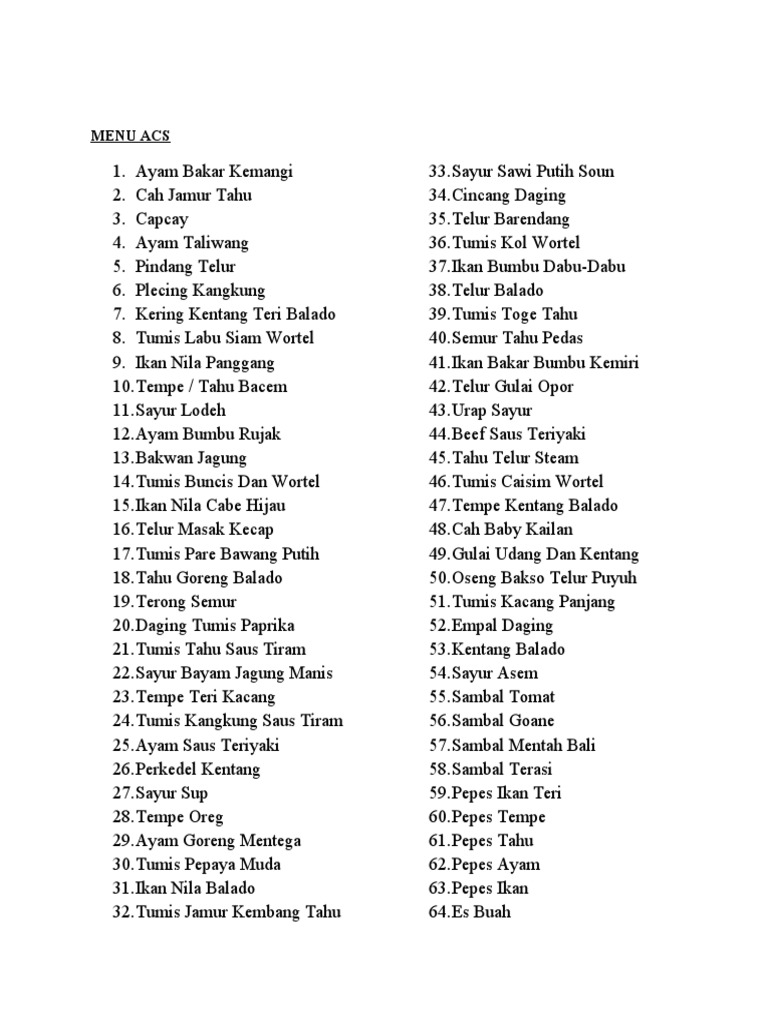 Menu Variasi Hidangan ACS | PDF