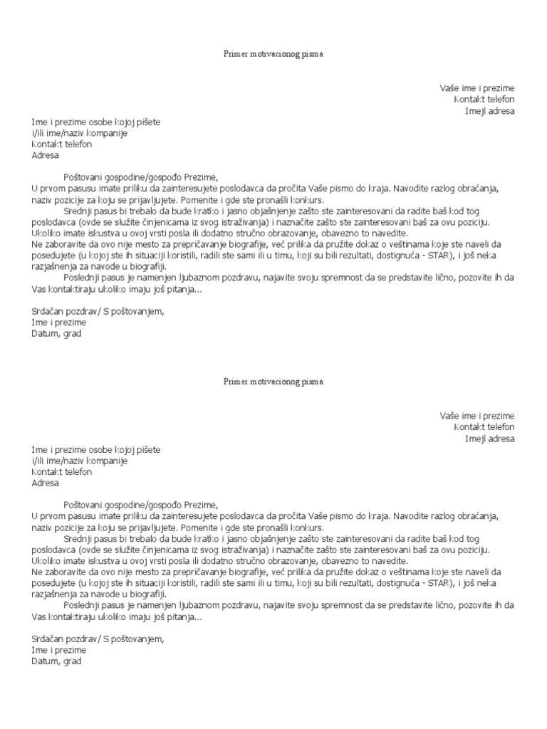 Primer Motivacionog Pisma | PDF