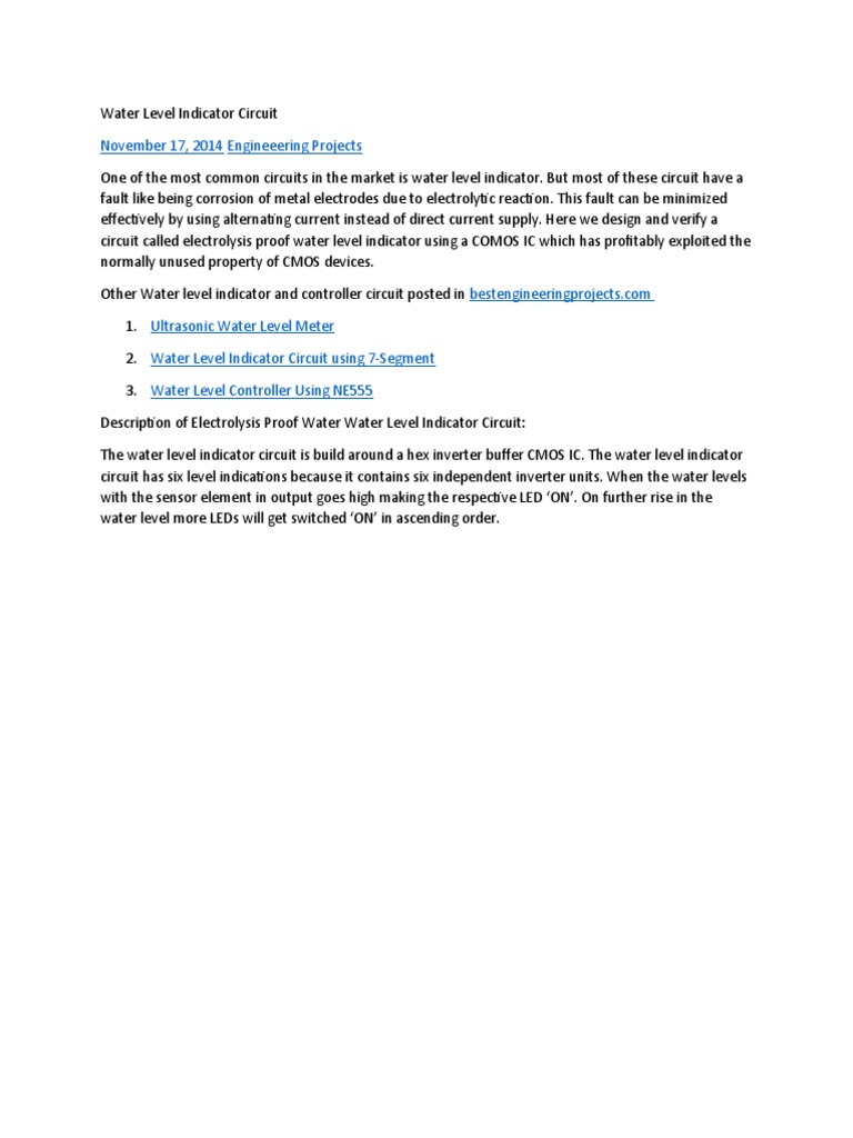 Electrolysis-Proof Water Level Indicator | PDF | Electrical Network | Cmos