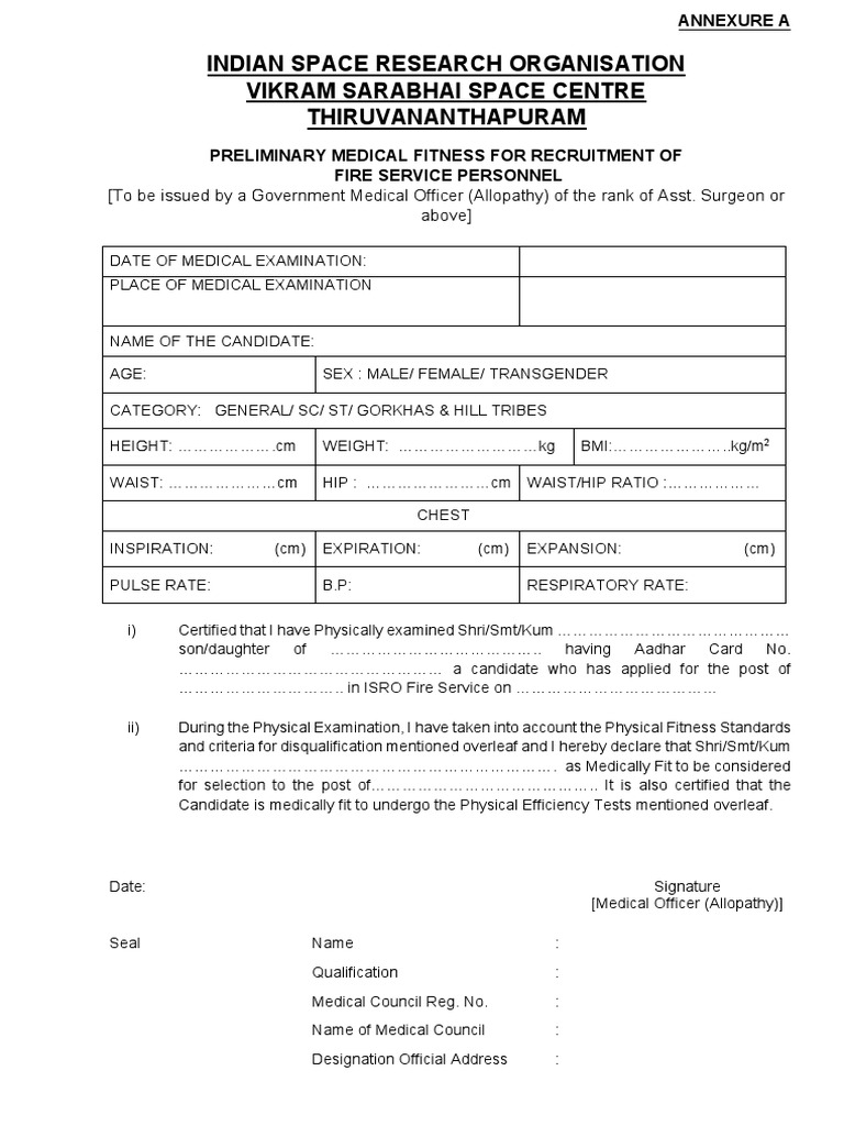 ISRO Fire Service Medical Fitness PDF Body Mass Index Physical