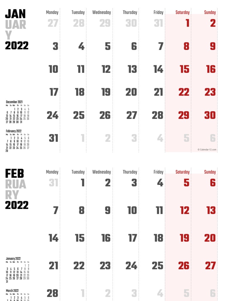 2022 Monthly Calendar Overview Pdf