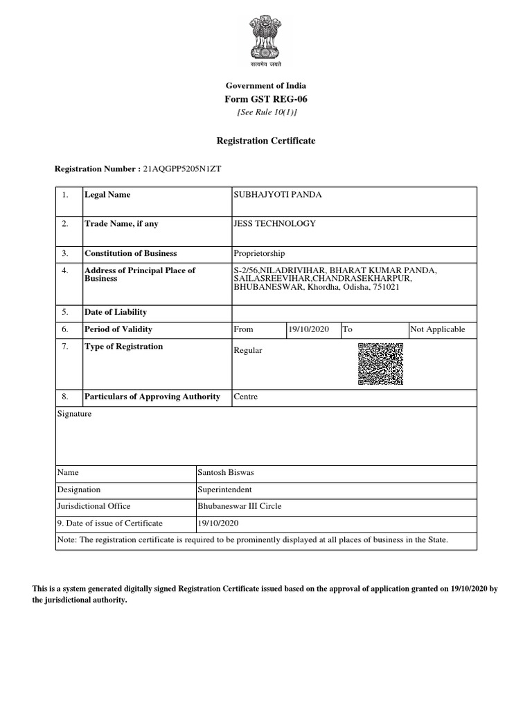 GST Registration Certificate for Jess Technology | PDF