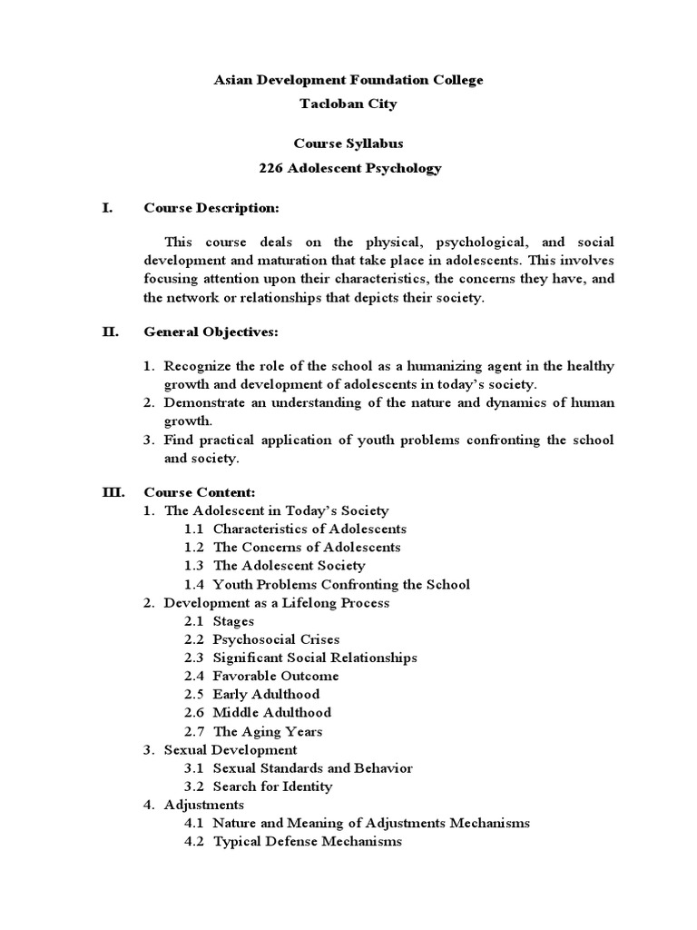 Adolescent Psychology Course Syllabus | PDF | Adolescence | Psychotherapy