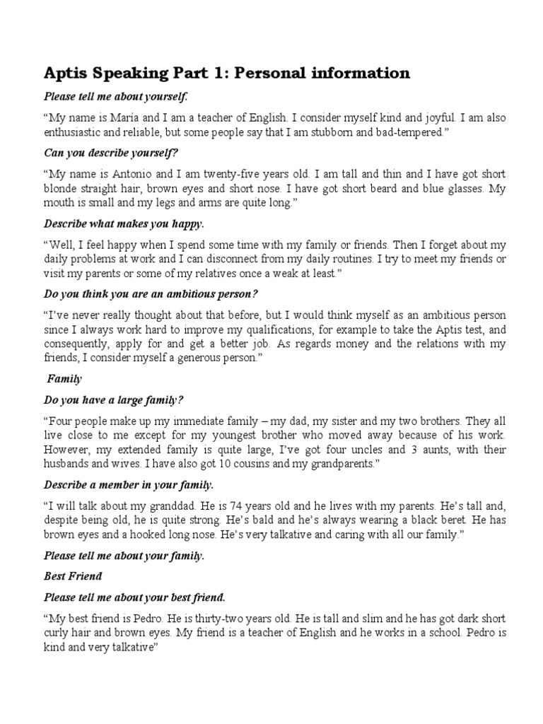 Aptis Speaking Part 1 | PDF