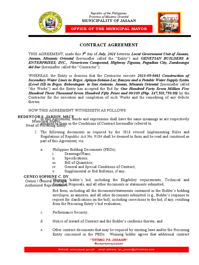 Contract Agreement - INFRA - 150 M Water Supply Projects | PDF ...