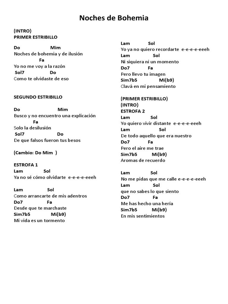 Noches de Bohemia Letra y Acordes PDF
