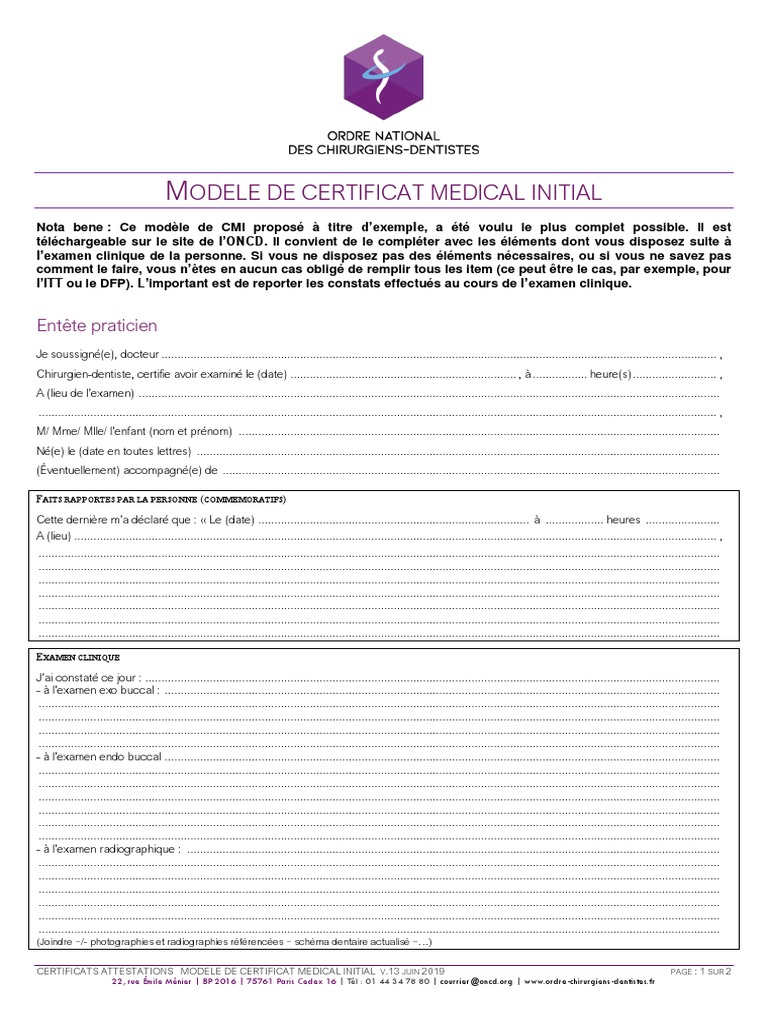 Modèle de Certificat Médical Initial | PDF | Dentiste | Spécialités ...