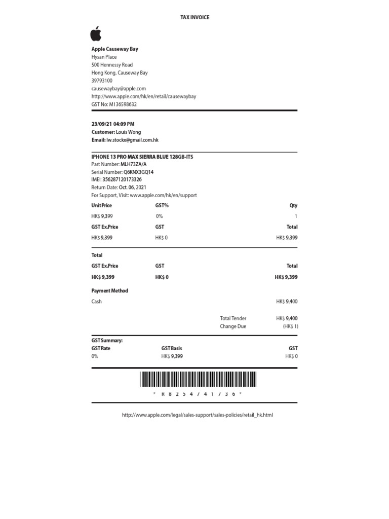 Apple Tax Invoice for iPhone Purchase | PDF
