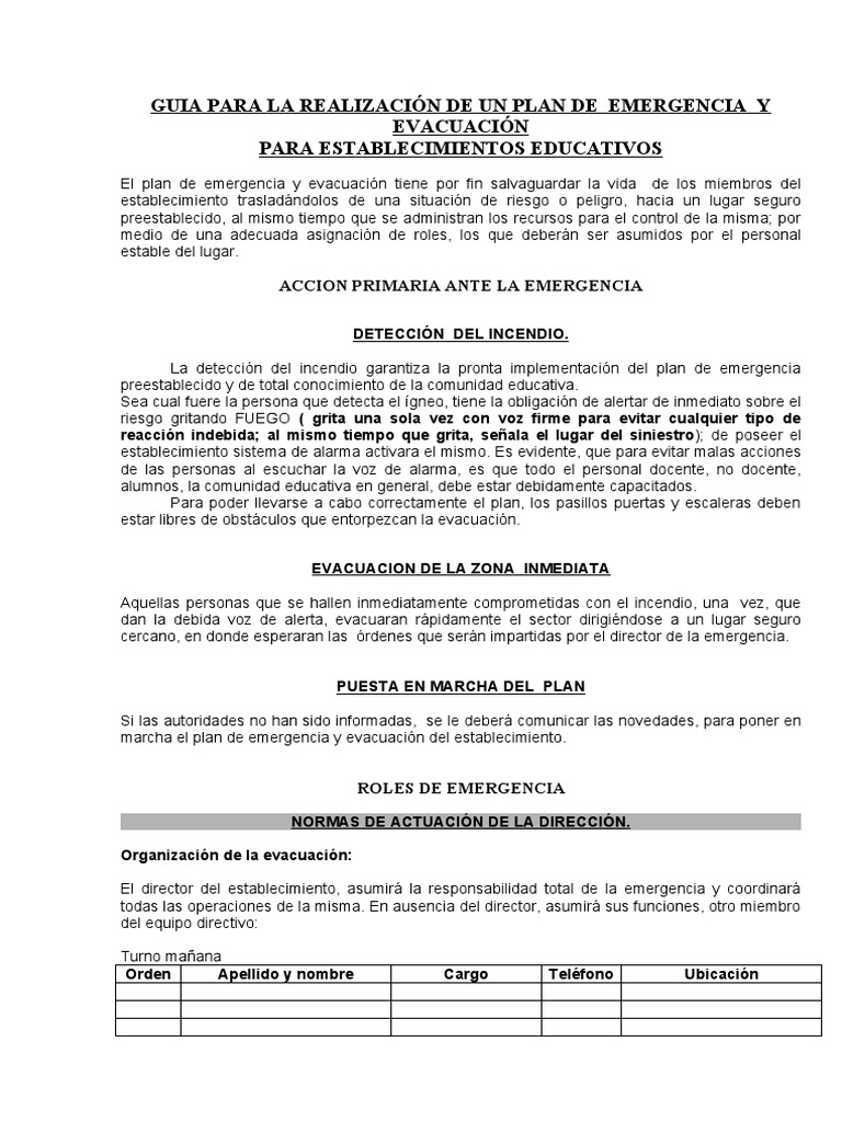 Plan de Emergencia y Evacuación Escolar | PDF | Primeros auxilios ...