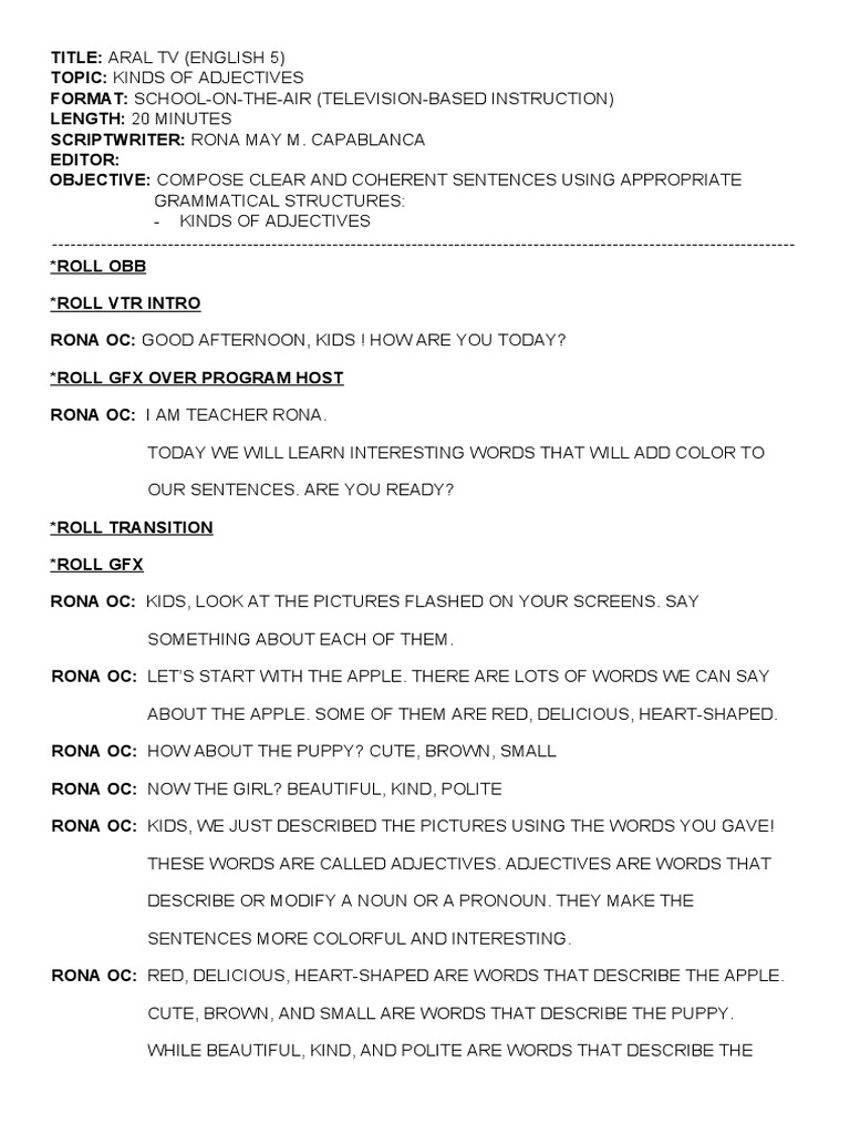 English 5 - Video Script - ADJECTIVES | PDF | Watch | Clock