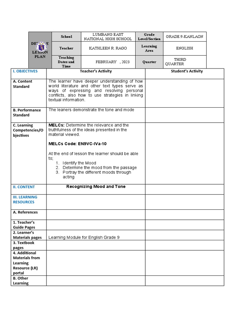 Grade 9 English Lesson Plan: Mood & Tone | PDF | Romeo And Juliet ...