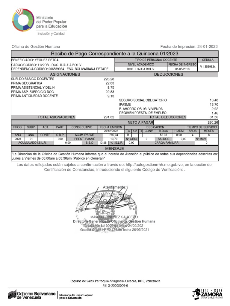 Recibo de pago correspondiente a la quincena 01/2023 de la docente