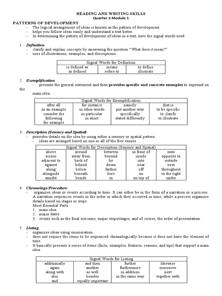 Reading and WritingPatterns of Development PDF Reason Argument