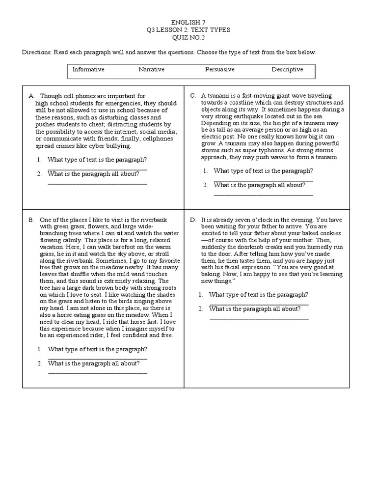 Text Types Quiz for English 7 Students | PDF | Tsunami