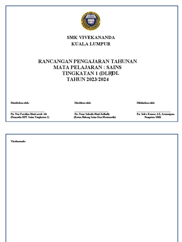 RPT Sains Tingkatan 1 2023/2024 | PDF