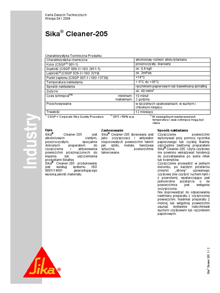 Sika Aktivator 205 Karta Produktu PDF