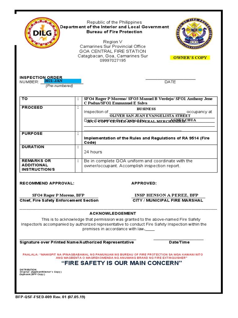 Department of The Interior and Local Government Bureau of Fire ...