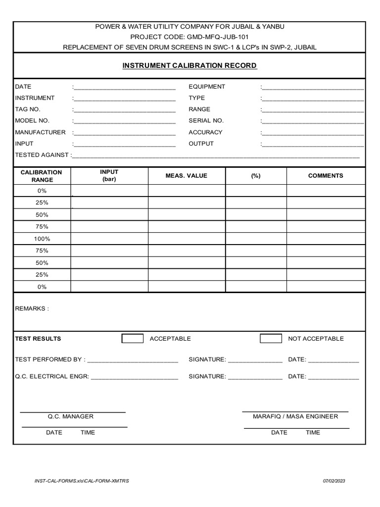 Pressure Instrument Calibration Form PDF