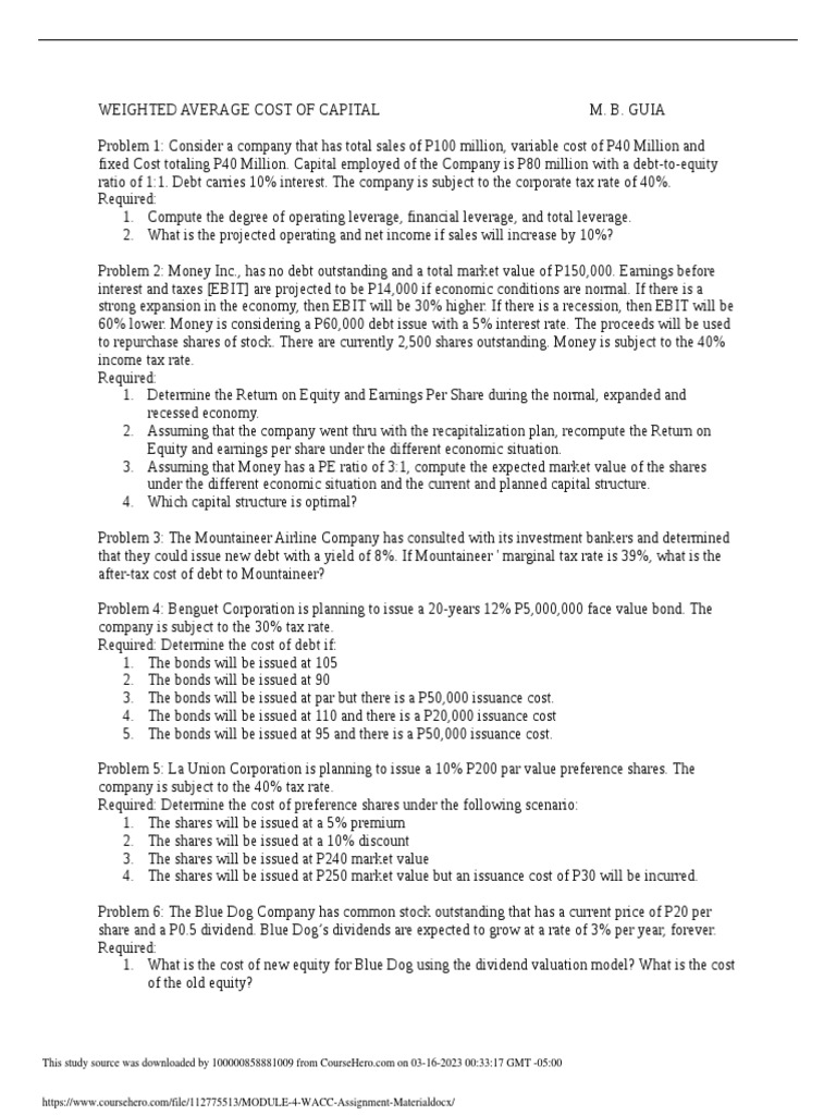 WACC Analysis and Capital Structure Problems | PDF | Cost Of Capital ...