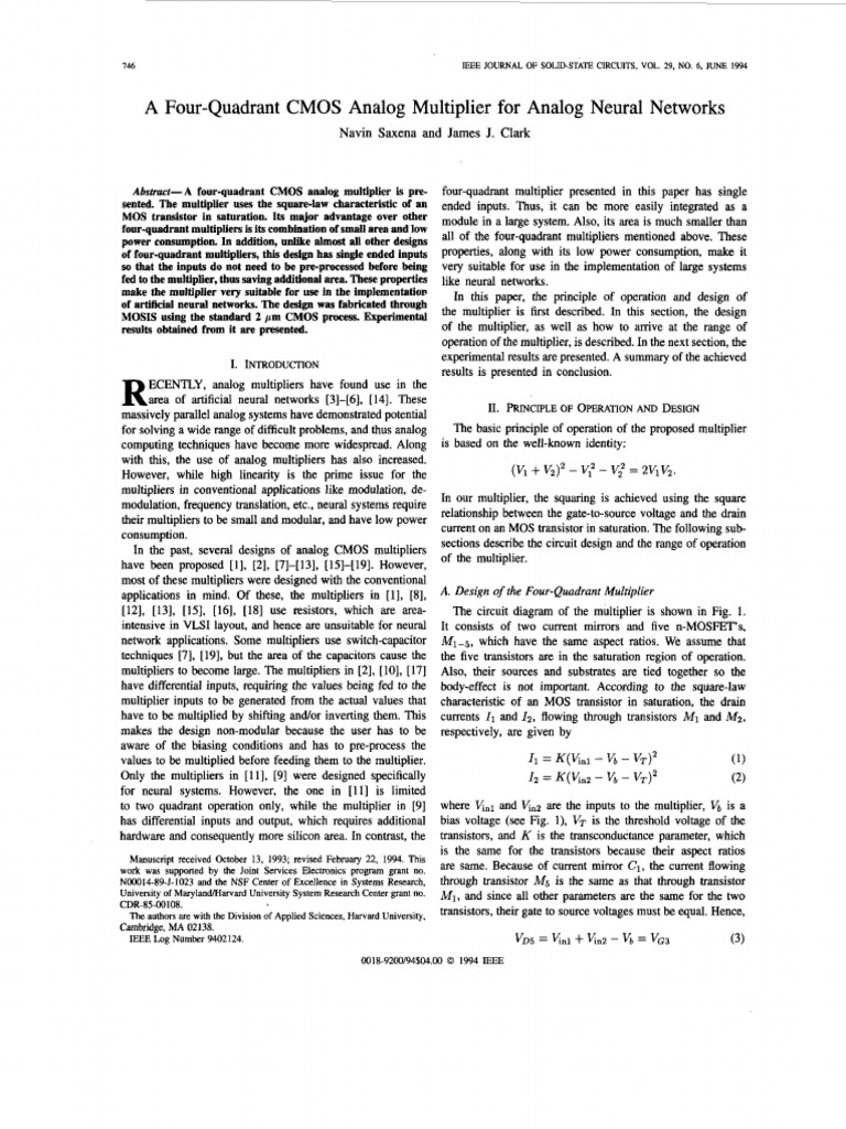 CMOS Multiplier for Neural Networks | PDF | Cmos | Mosfet