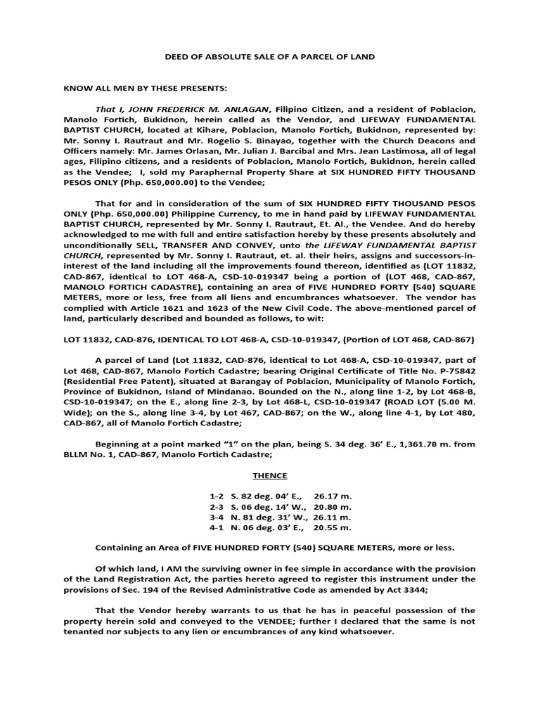 Deed of Absolute Sale of A Parcel of Land PDF Civil Law (Legal