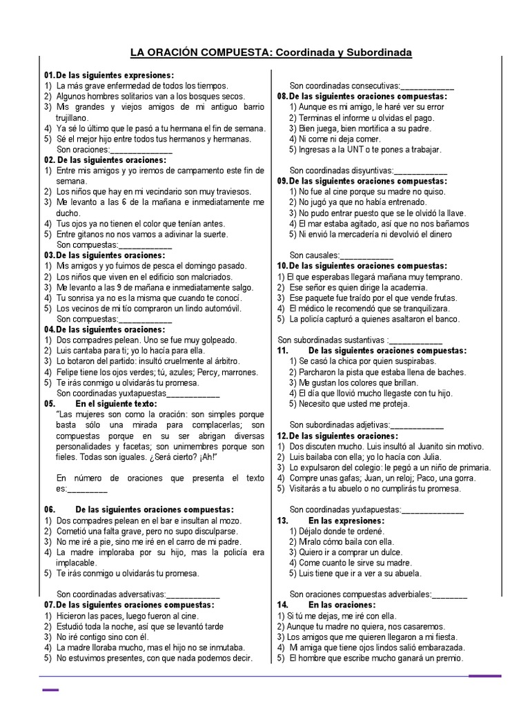 Oraciones Compuestas: Tipos y Ejemplos | PDF | Oración (Lingüística ...