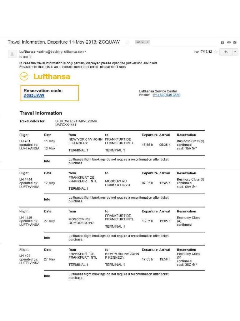Lufthansa Confirmation Email PDF