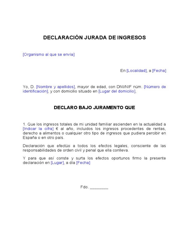 Ejemplo de Declaración Jurada de Ingresos | PDF