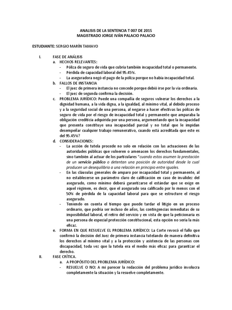 Analisis de La Sentencia T 007 de 2015 Sergio Marín Tamayo | PDF