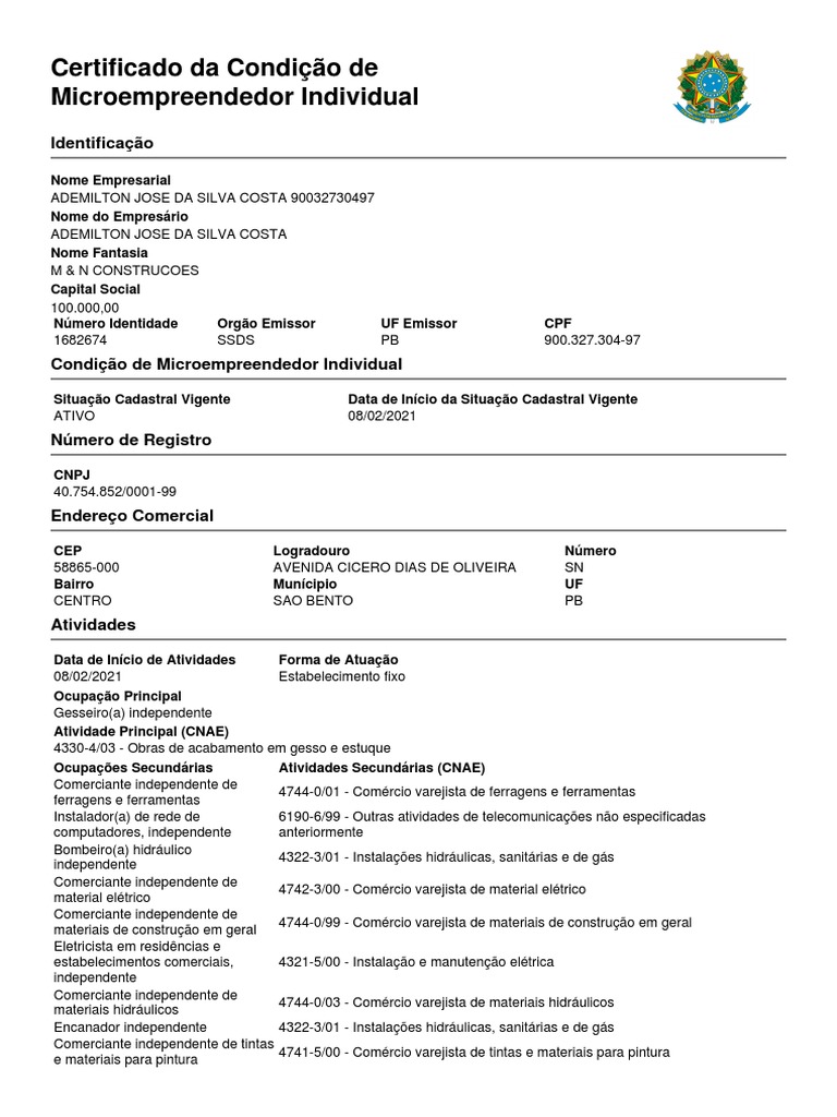 Certificado da Condição de Microempreendedor Individual de Ademilton ...