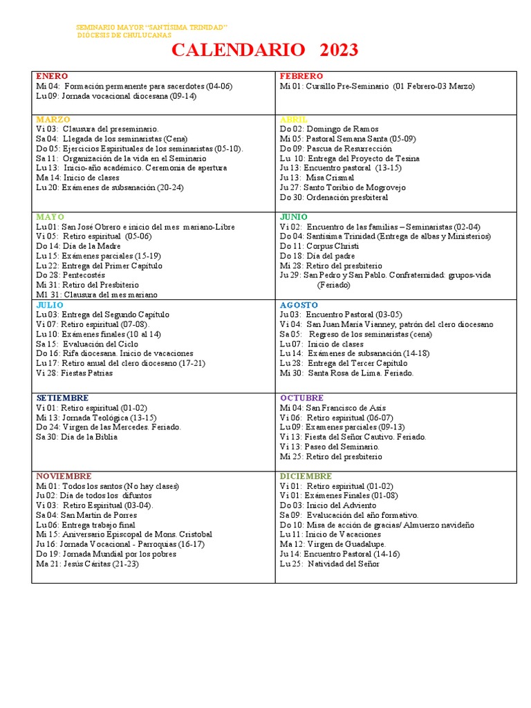 Calendario 2023 | PDF | Seminario | Fiestas cristianas y días santos