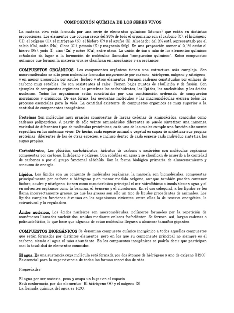 Composición Química de los Seres Vivos | PDF | Compuestos orgánicos ...