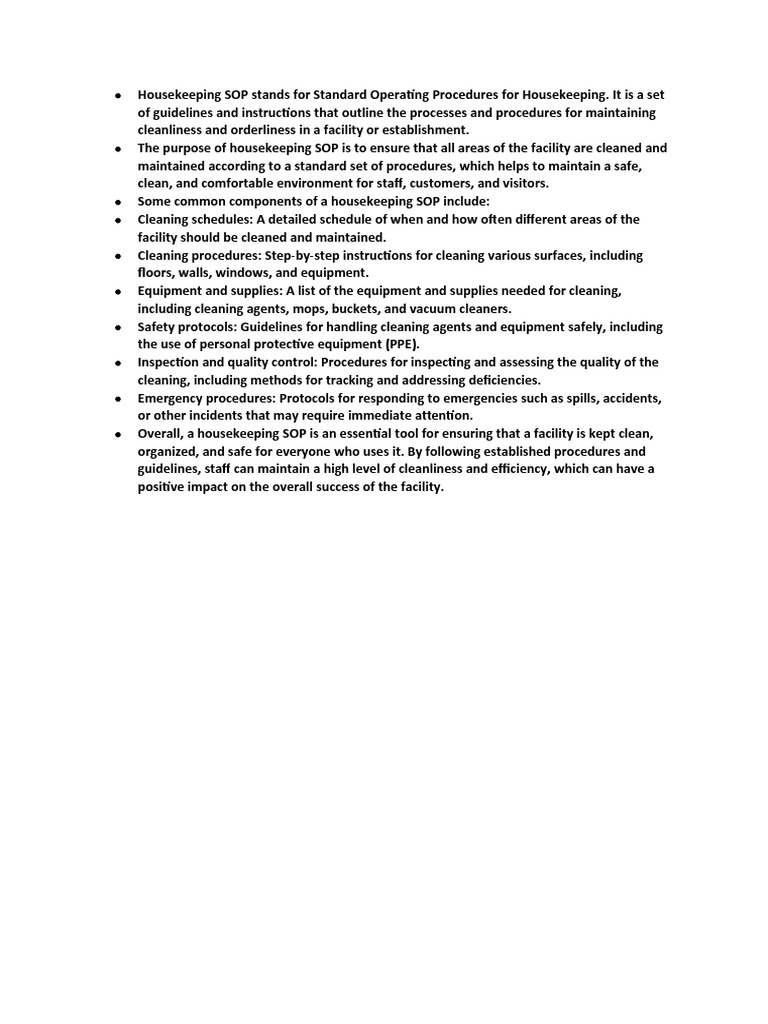 Housekeeping SOP Stands For Standard Operating Procedures For
