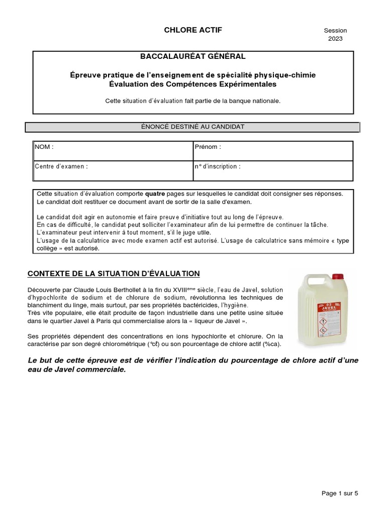 Évaluation du Chlore Actif en Eau de Javel PDF Titrage Chimie — free download