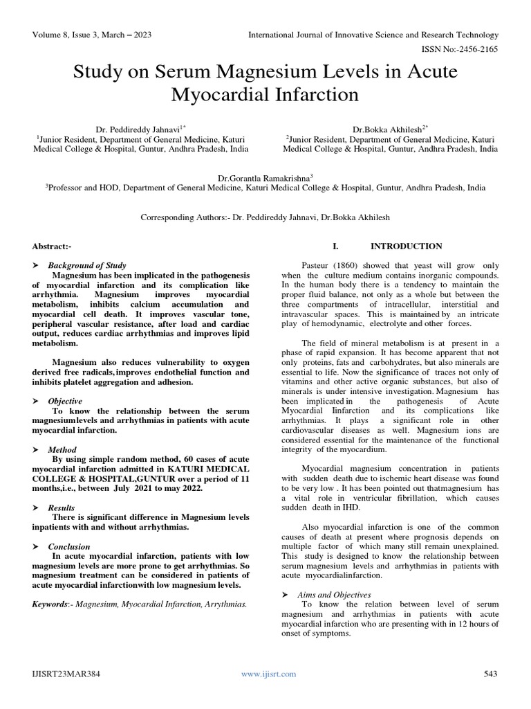 Study On Serum Magnesium Levels in Acute Myocardial Infarction PDF