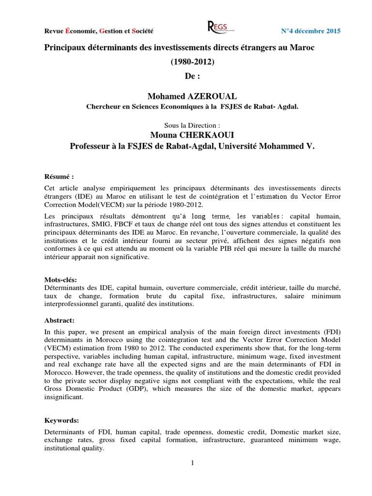 Principaux Déterminants Des Investissements Directs Étrangers Au Maroc ...