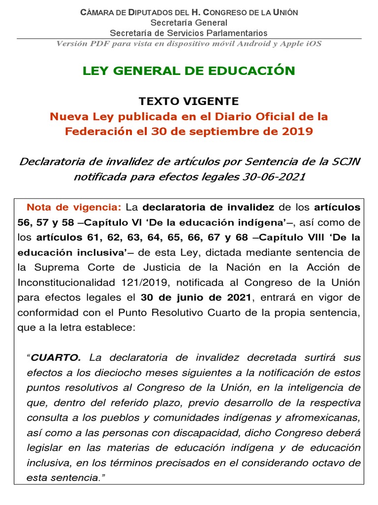 Ley General de Educación 2019: Texto Vigente | PDF | Educación de la ...