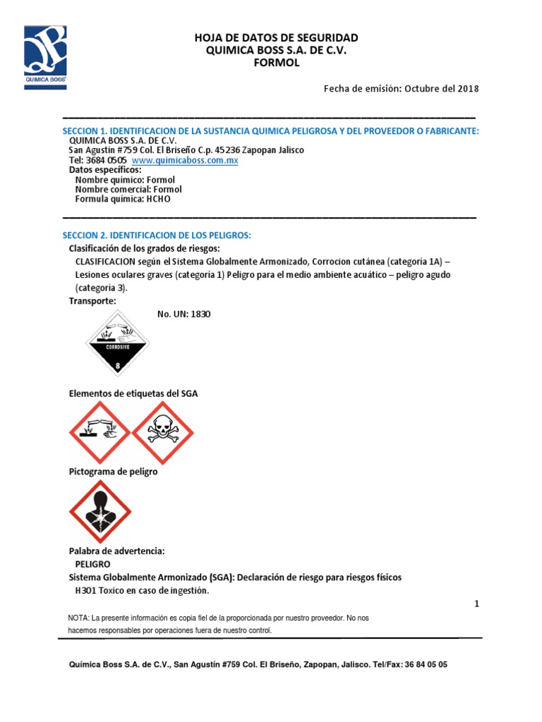 Hoja de Seguridad del Formol | PDF | Agua | Formaldehído