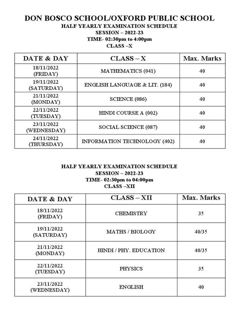 Class 12 Half Yearly Exam Schedule 2022 | PDF