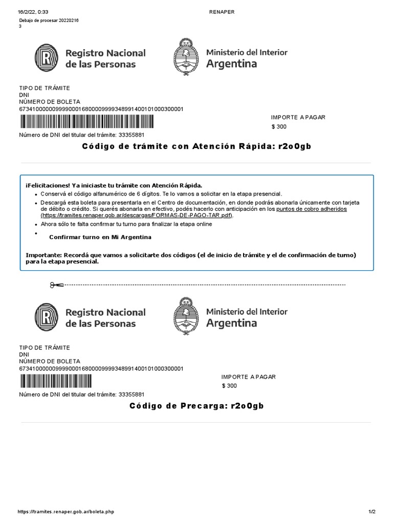 Trámite de DNI en RENAPER: Boleta y Pago | PDF | Tarjeta de crédito ...
