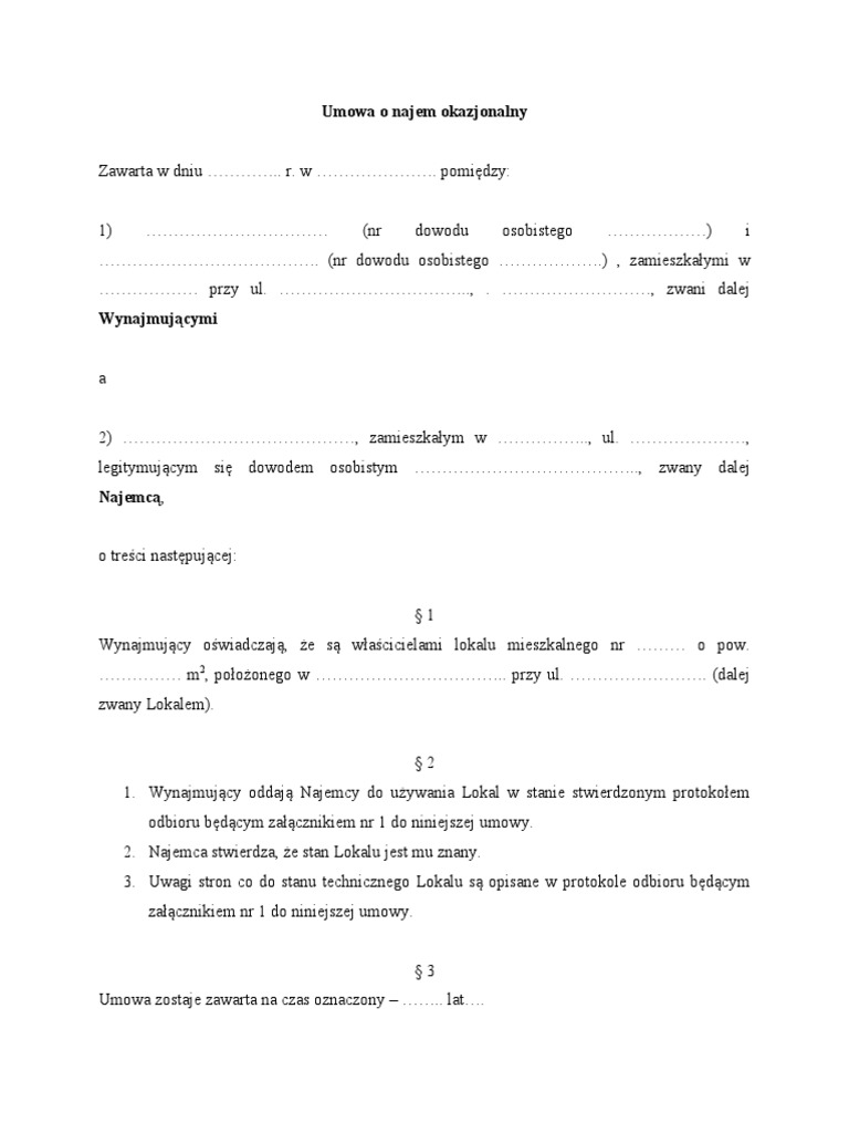Umowa o Najem Okazjonalny PDF