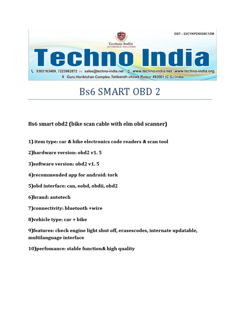 bs6 Smart Bike Scan Cable With Elm Obd Scanner | PDF