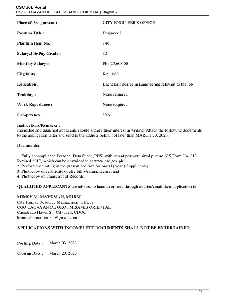 Sample Job Posting Philippines CSC PDF