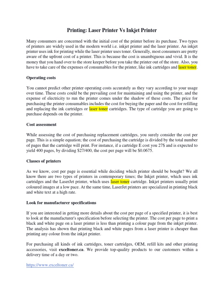 Black and White Printing Laser Printer Vs Inkjet Printer | PDF ...