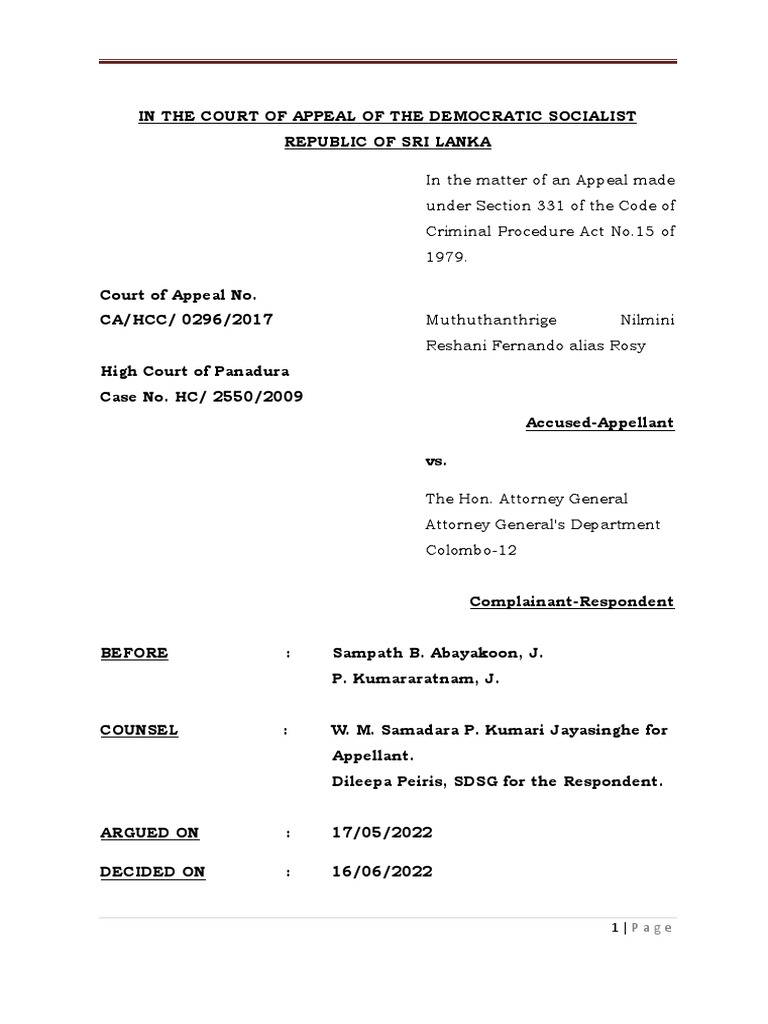 Court Of Appeal Judgment Hcc 0296 2017 Pdf Prosecutor Legal