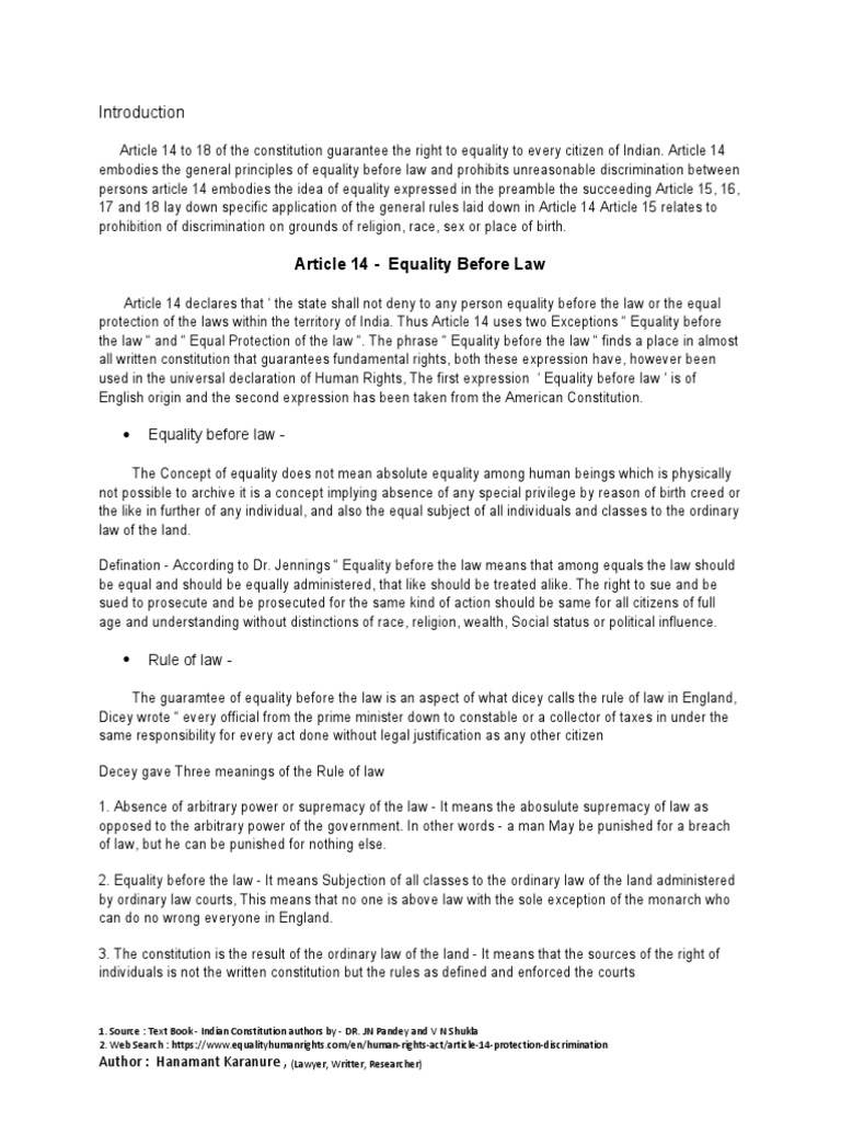 Article 14 Equality Before Law and Equality Protection of The Law Descargar gratis PDF Rule