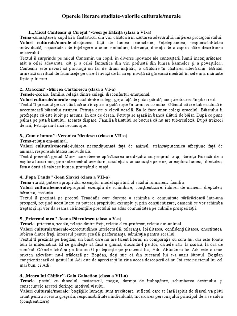 Opere Literare Studiate-Valori | PDF